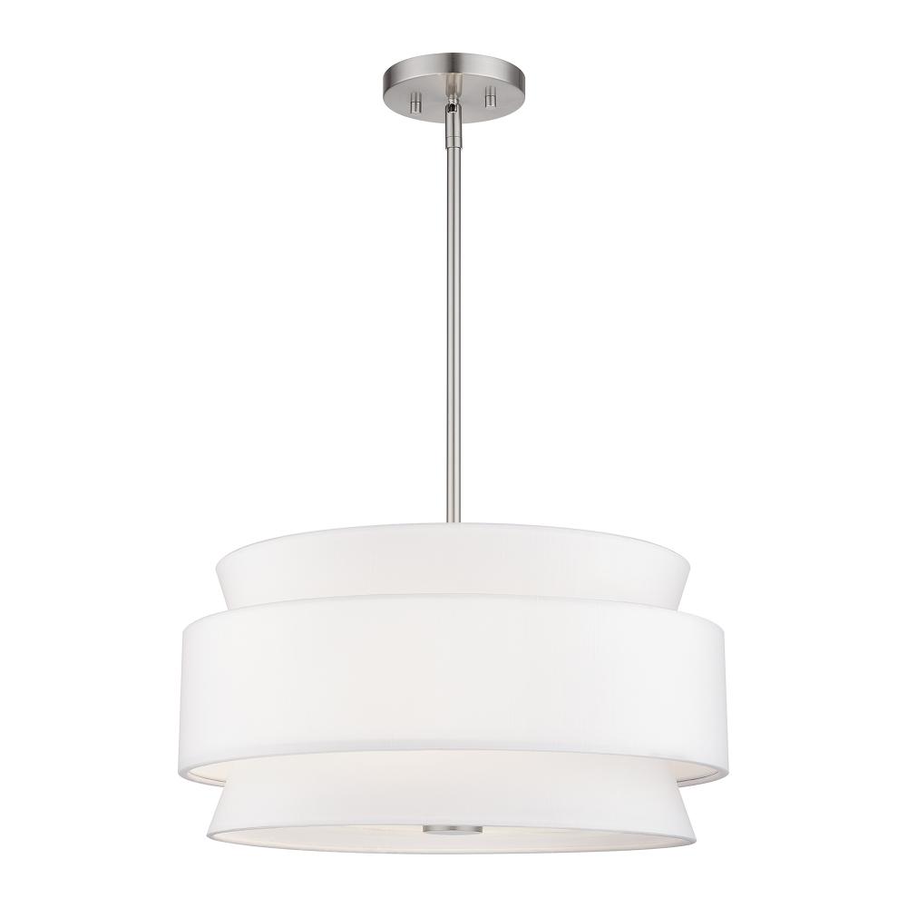 4 Light Brushed Nickel Pendant Chandelier with Hand Crafted Off-White Fabric Hardback Shades