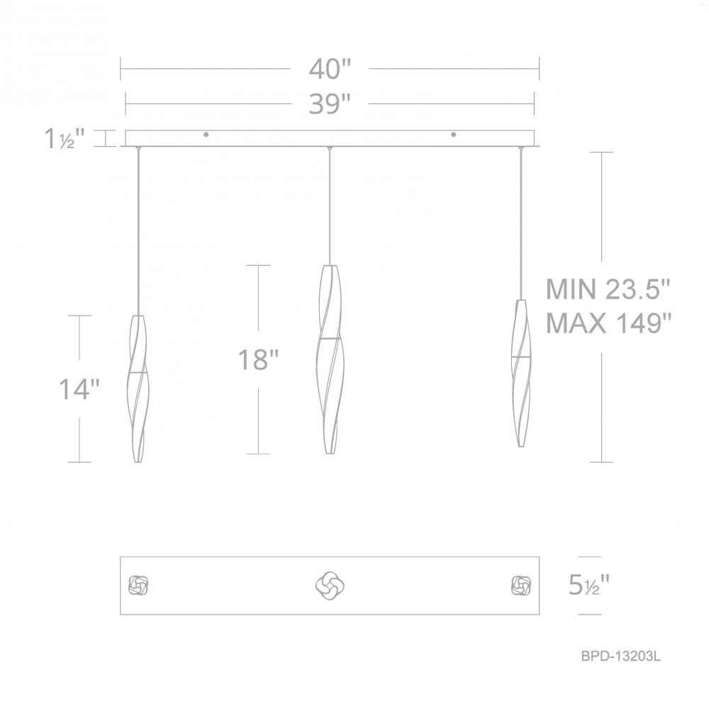 Kindjal 3 Light 120-277V Multi-Light Pendant (Linear Canopy) in Black with Clear Optic Crystal