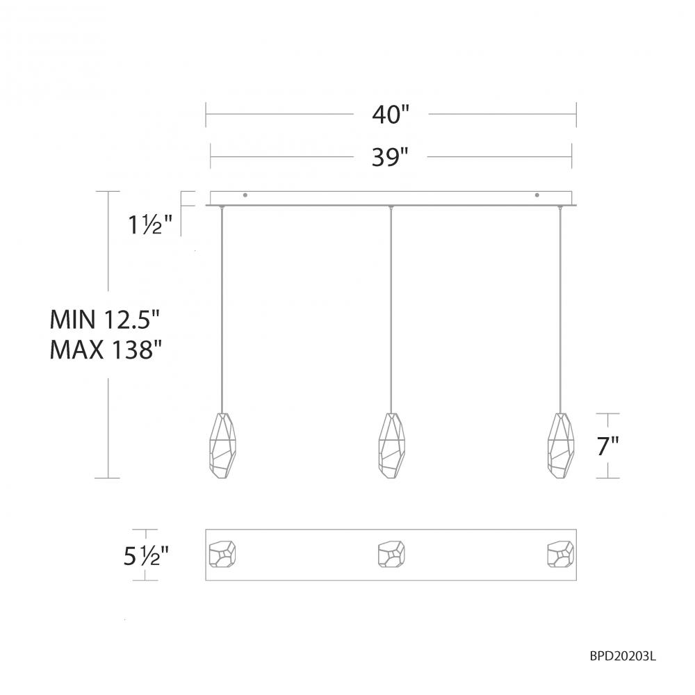 Martini 3 Light 120-277V Multi-Light Pendant (Linear Canopy) in Aged Brass with Optic Haze Quartz