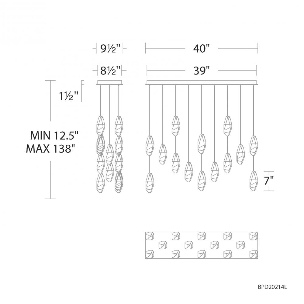 Martini 14 Light 120-277V Multi-Light Pendant (Linear Canopy) in Black with Optic Haze Quartz