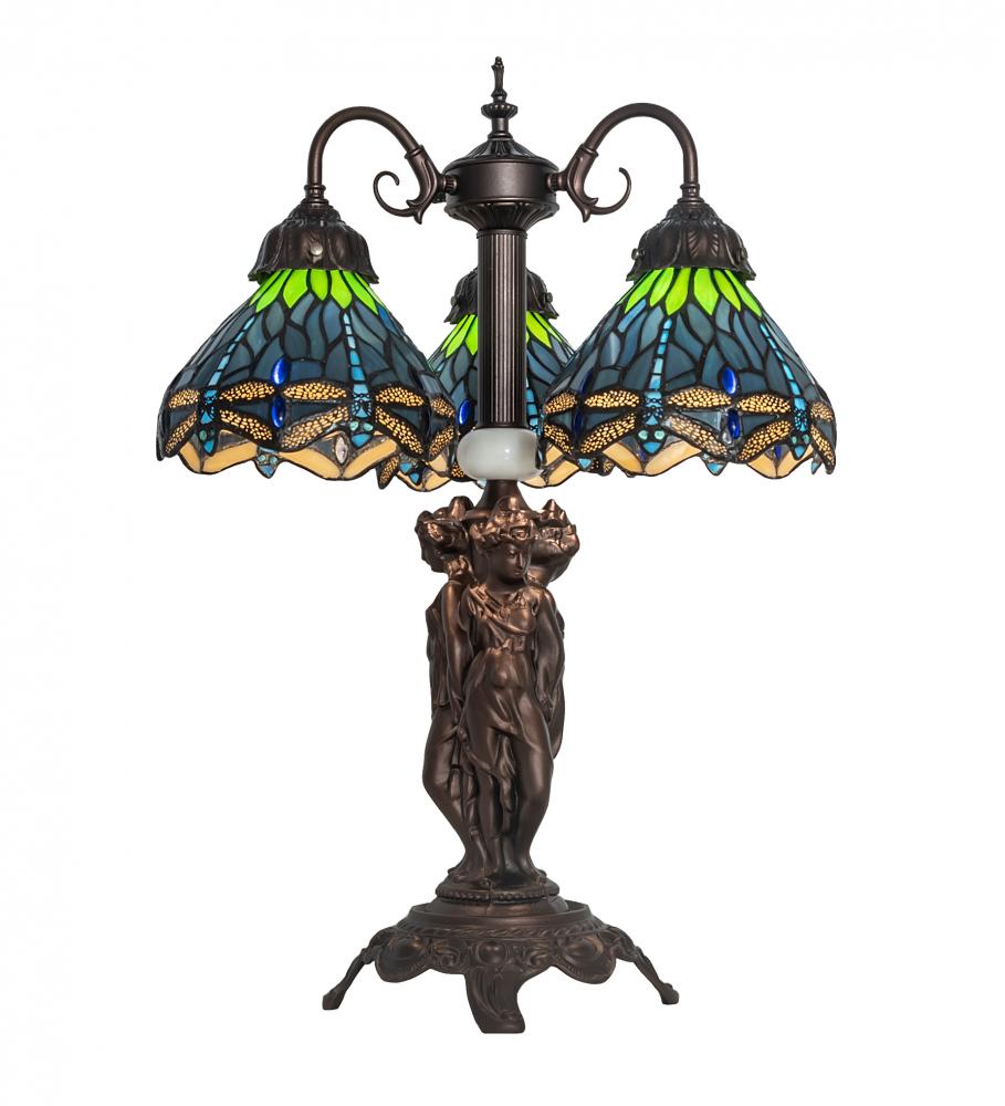 23" High Tiffany Hanginghead Dragonfly 3 Light Table Lamp