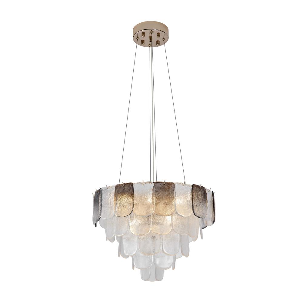 Bianca 12 Light Chandelier, Polished Nickel, Crystalline Smoke with Piastra Type Glassware