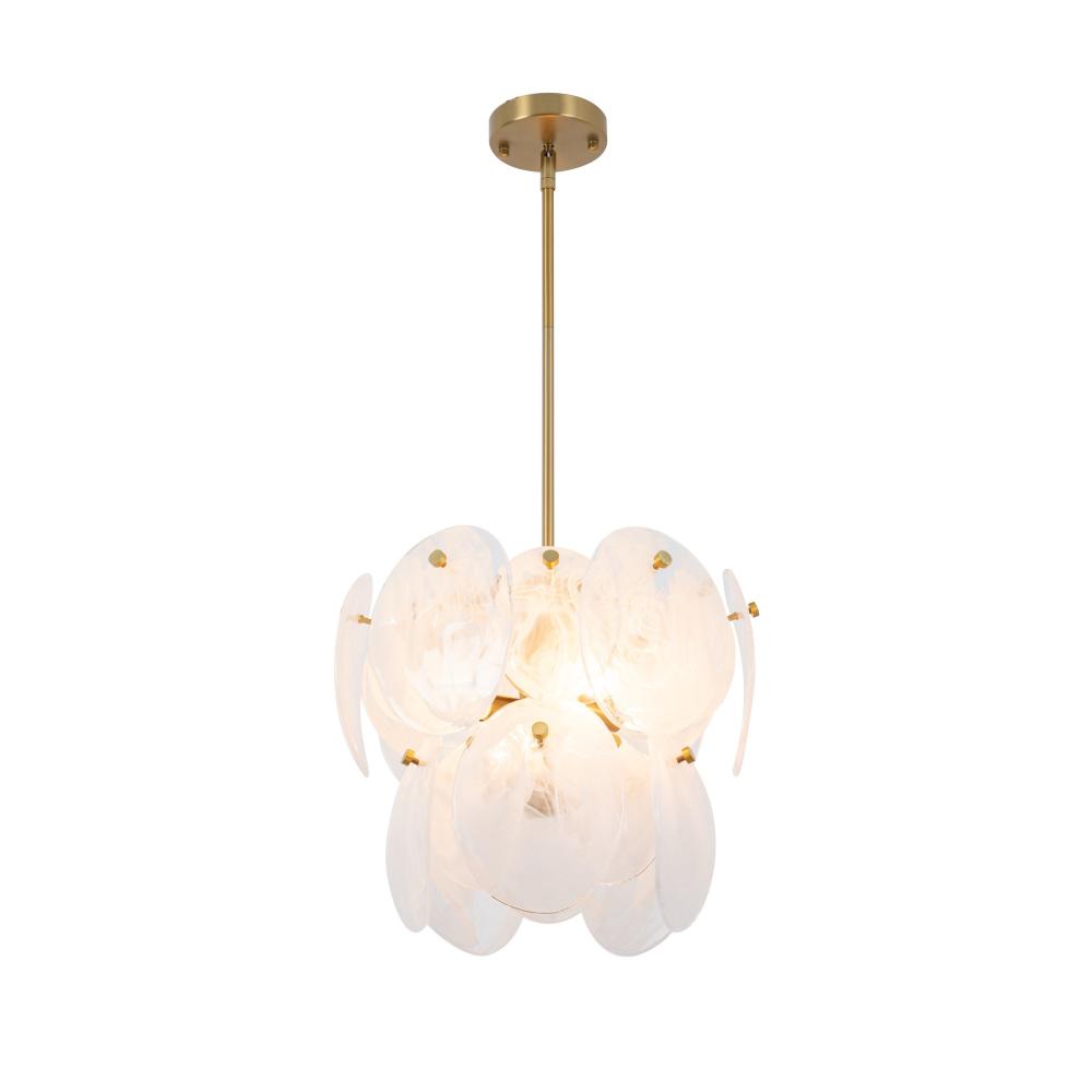 Lily 4 Light Pendant, Brushed Brass with Wispy White Murano Style Glass