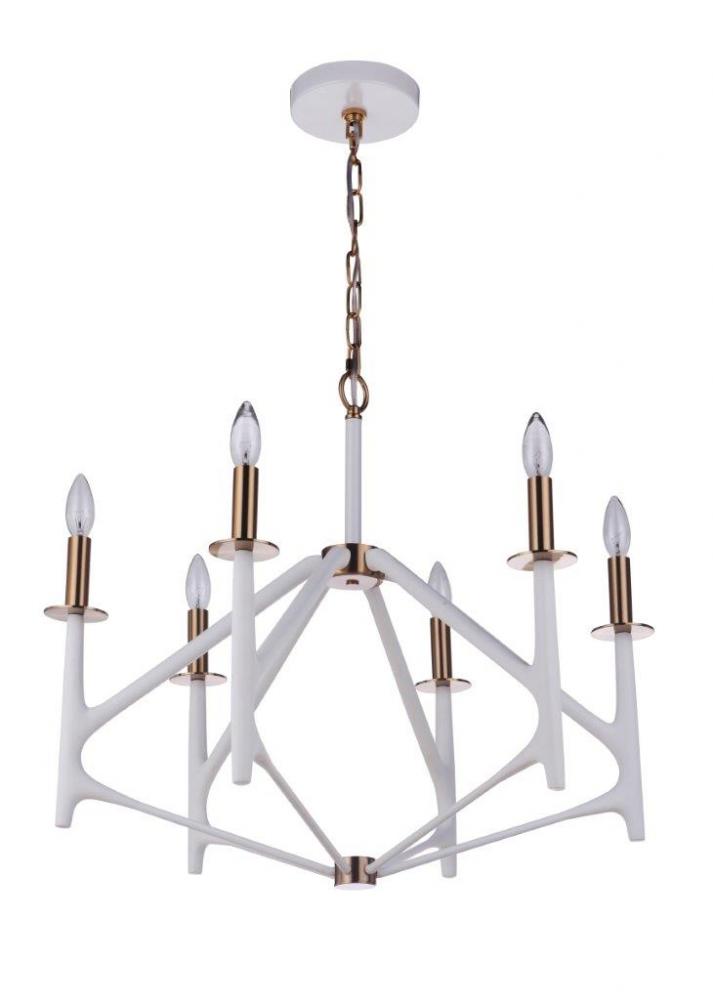 The Reserve 6 Light Chandelier in Matte White/Satin Brass