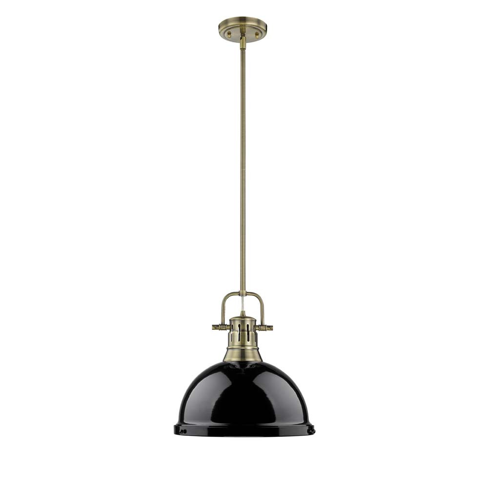 Duncan 1-Light Pendant with Rod in Aged Brass with Black