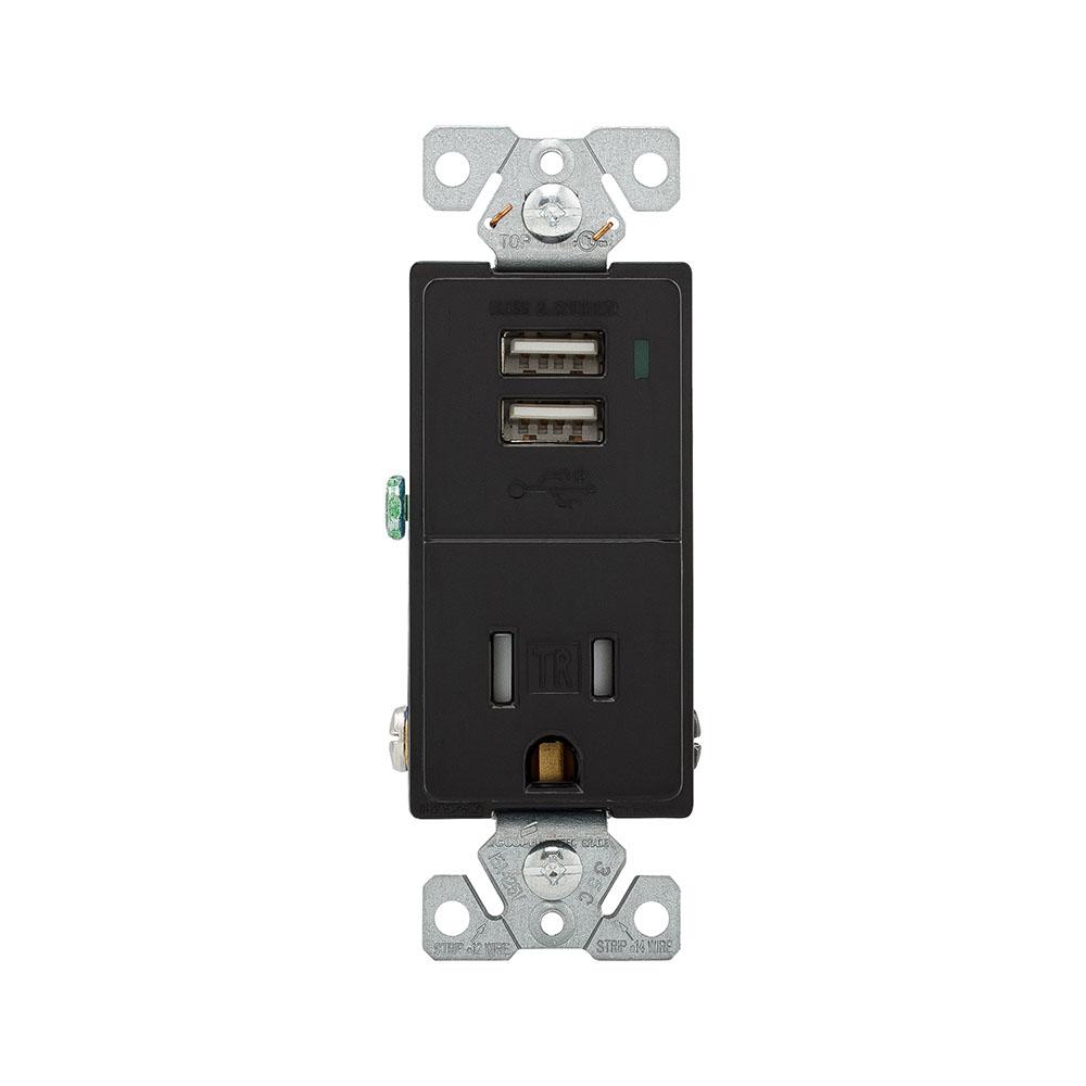 COMBO 2 PORT USB RECEPTACLE 15A 125V BK