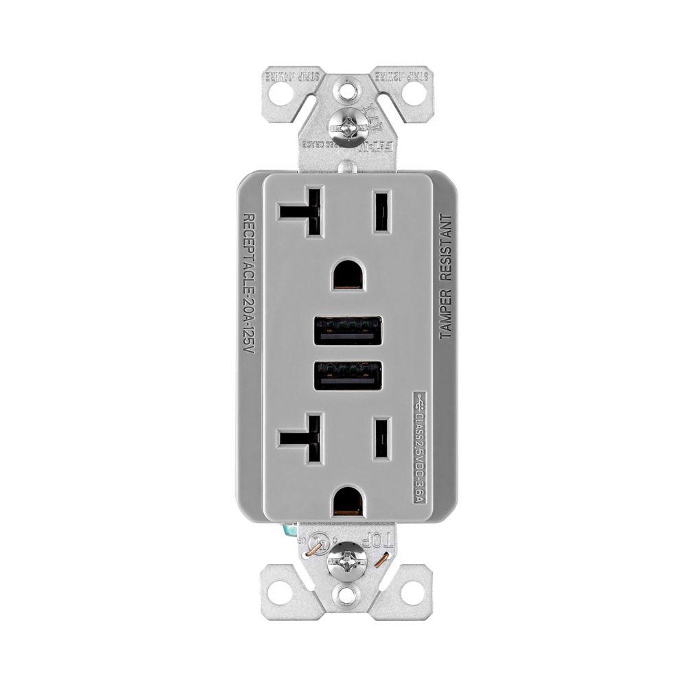 USB 3.6A DUPLEX RECP 20A 125V GY