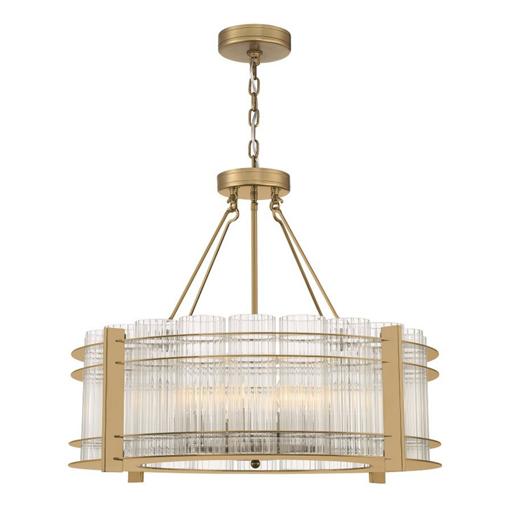 10-Light 28" Round Fluted Glass Aged Brass Chandelier