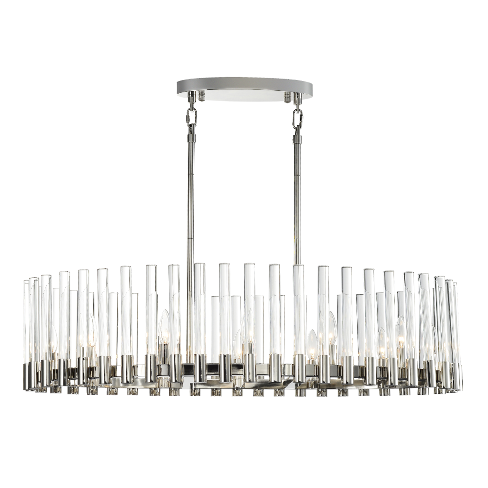 12-Light 40" Oval  Polished Nickel Linear Glass Chandelier