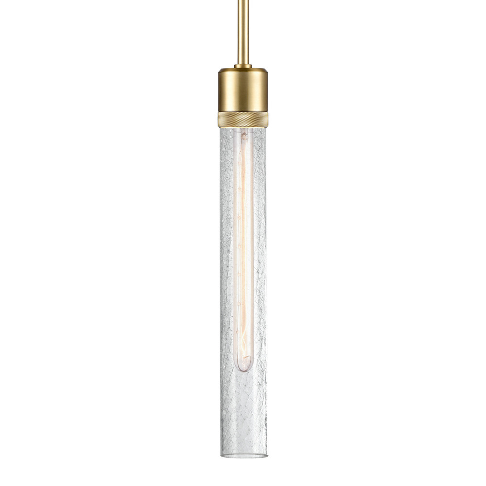 3" E26 Cylindrical Pendant Light, 18" Crackled Glass and Aged Brass Finish