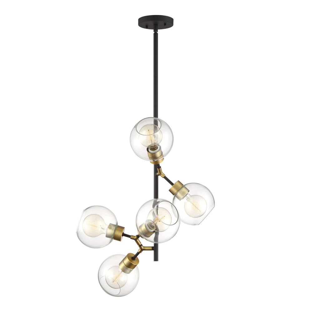 5-Light 42" Polished Brass Vertical Globe Pendant