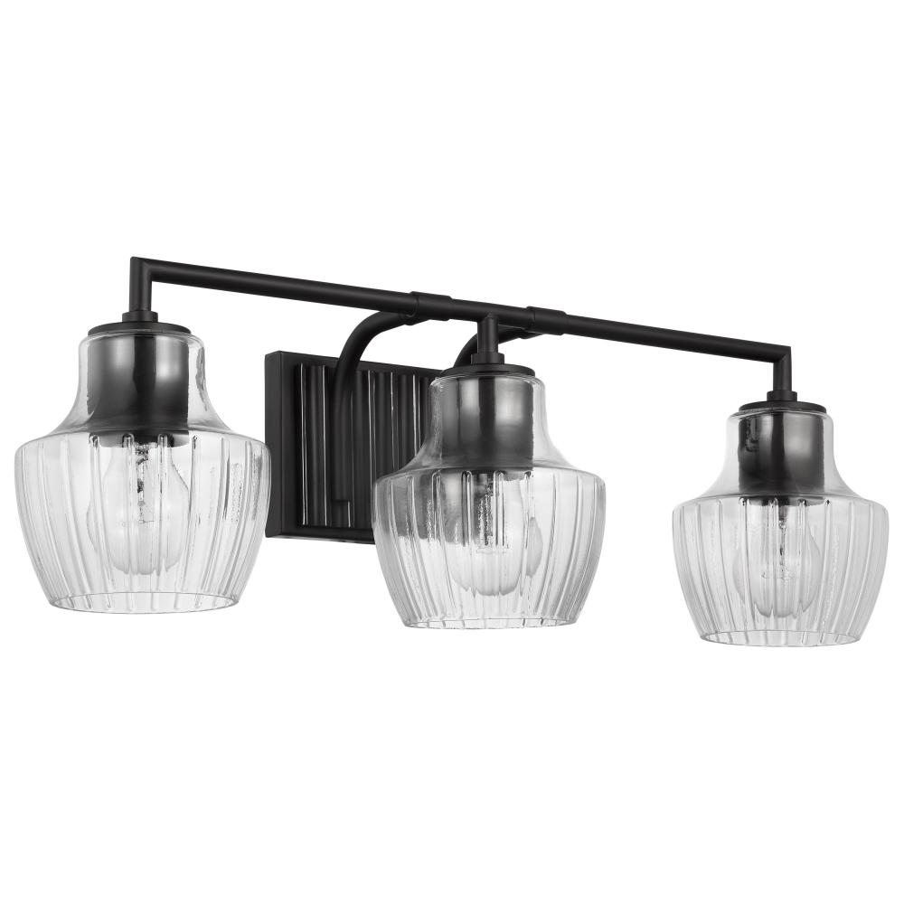 Destin; 3 Light Vanity; Medium Base; 60 Watt; Black And Silver Accent Finish; Clear Ribbed Glass